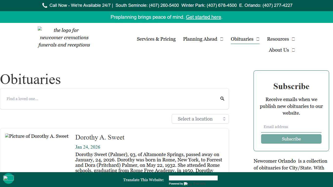 Most Recent Obituaries Newcomer Orlando